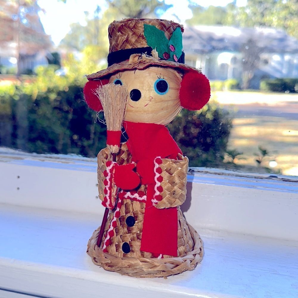 Vintage mid century woven wicker snowman holding a broom with red ear‎ muffs